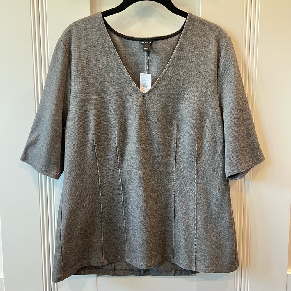NWT Ann Taylor Ponte Top Seam Detailing Elbow Sleeves Charcoal Grey Size L